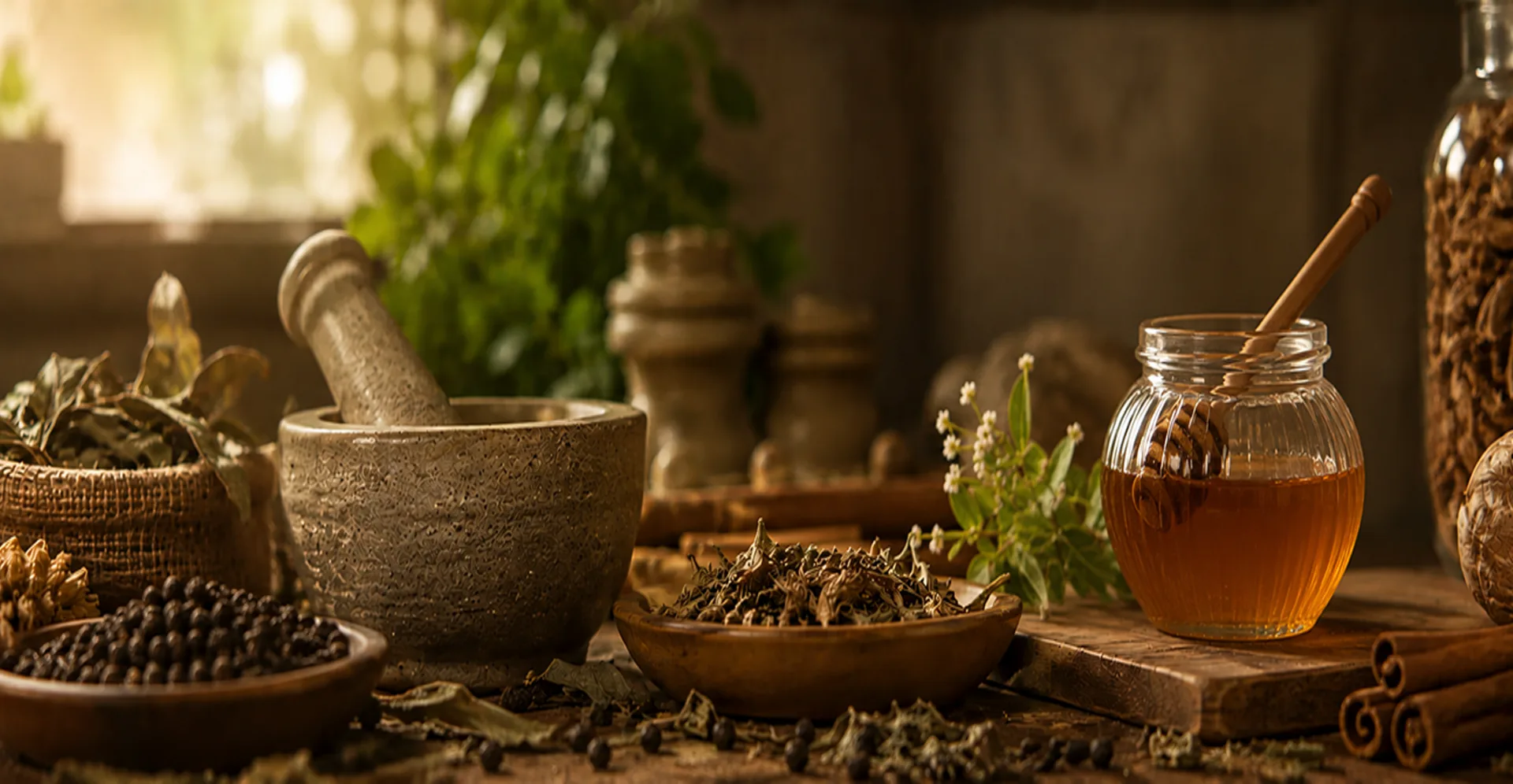 Dried herbs and ayurvedic ingredients arranged on a surface